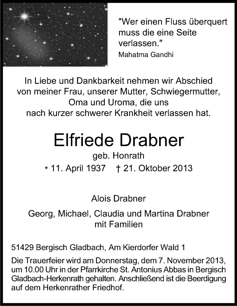  Traueranzeige für Elfriede Drabner vom 02.11.2013 aus Kölner Stadt-Anzeiger / Kölnische Rundschau / Express