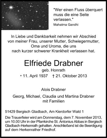 Anzeige von Elfriede Drabner von Kölner Stadt-Anzeiger / Kölnische Rundschau / Express