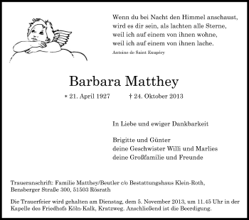 Anzeige von Barbara Matthey von Kölner Stadt-Anzeiger / Kölnische Rundschau / Express
