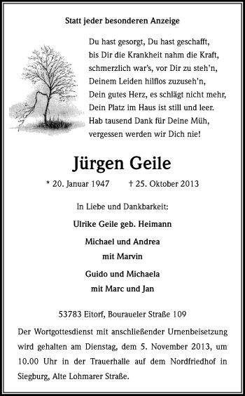 Anzeige von Jürgen Geile von Kölner Stadt-Anzeiger / Kölnische Rundschau / Express