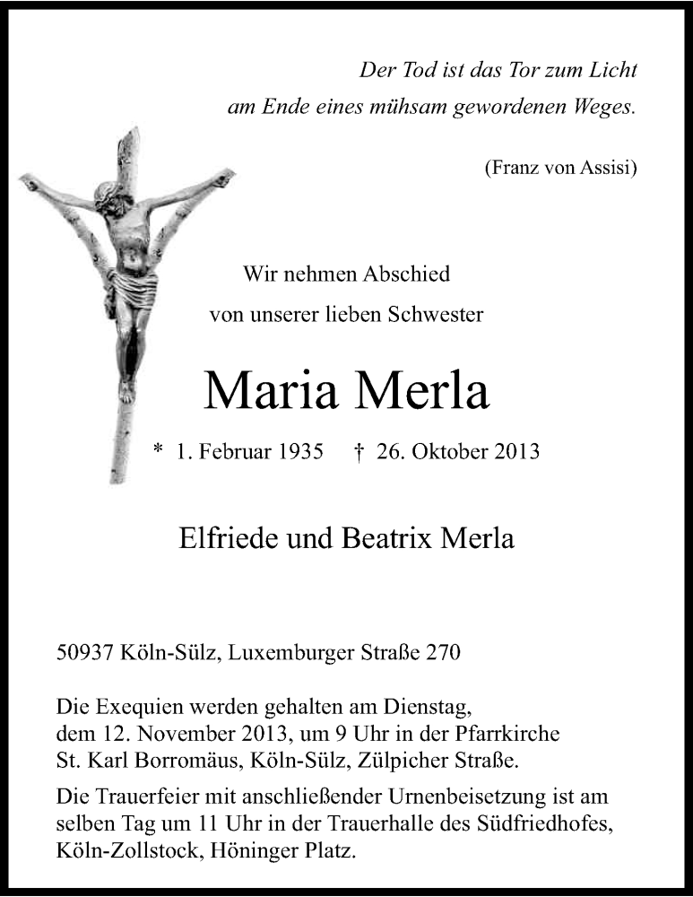  Traueranzeige für Maria Merla vom 02.11.2013 aus Kölner Stadt-Anzeiger / Kölnische Rundschau / Express