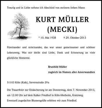 Anzeige von Kurt Müller von Kölner Stadt-Anzeiger / Kölnische Rundschau / Express