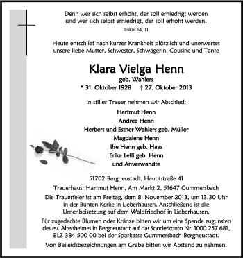 Anzeige von Klara Vielga Henn von Kölner Stadt-Anzeiger / Kölnische Rundschau / Express