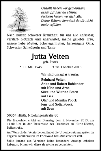 Anzeige von Jutta Velten von Kölner Stadt-Anzeiger / Kölnische Rundschau / Express