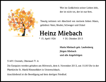 Anzeige von Heinz Miebach von Kölner Stadt-Anzeiger / Kölnische Rundschau / Express