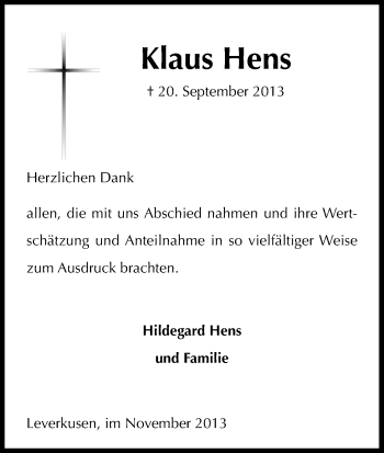 Anzeige von Klaus Hens von Kölner Stadt-Anzeiger / Kölnische Rundschau / Express