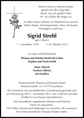 Anzeige von Sigrid Strehl von Kölner Stadt-Anzeiger / Kölnische Rundschau / Express