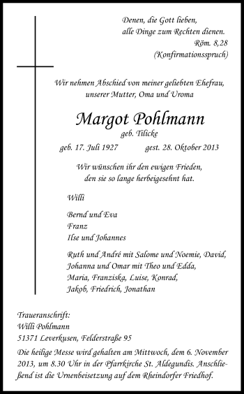Anzeige von Margot Pohlmann von Kölner Stadt-Anzeiger / Kölnische Rundschau / Express