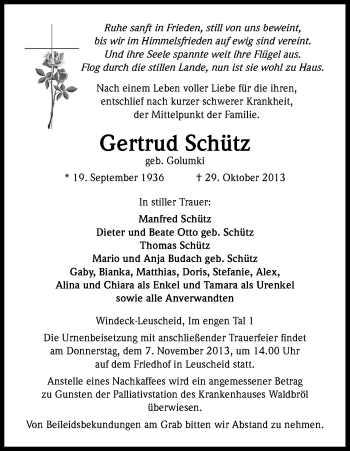 Anzeige von Gertrud Schütz von Kölner Stadt-Anzeiger / Kölnische Rundschau / Express