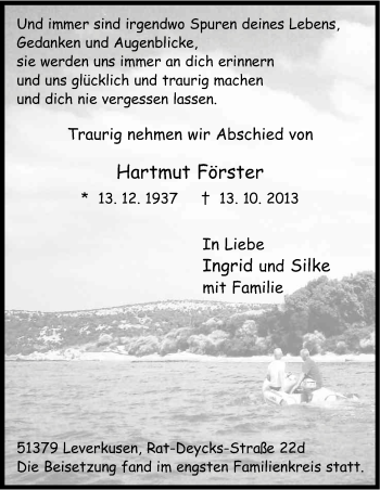 Anzeige von Hartmut Förster von Kölner Stadt-Anzeiger / Kölnische Rundschau / Express