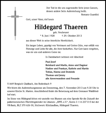 Anzeige von Hildegard Thaeren von Kölner Stadt-Anzeiger / Kölnische Rundschau / Express