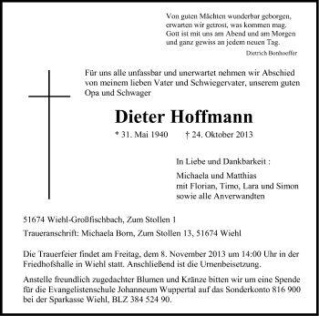 Anzeige von Dieter Hoffmann von Kölner Stadt-Anzeiger / Kölnische Rundschau / Express