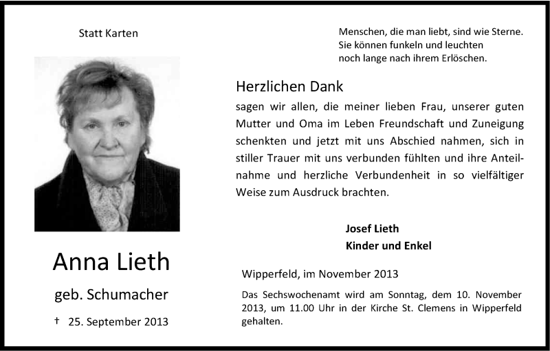  Traueranzeige für Anna Lieth vom 02.11.2013 aus Kölner Stadt-Anzeiger / Kölnische Rundschau / Express