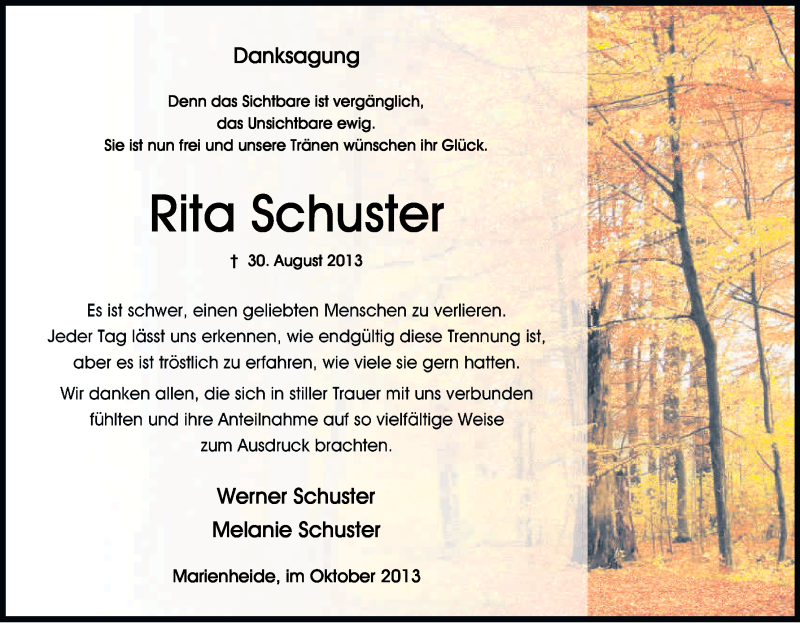  Traueranzeige für Rita Schuster vom 02.11.2013 aus Kölner Stadt-Anzeiger / Kölnische Rundschau / Express