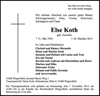 Anzeige von Else Koth von Kölner Stadt-Anzeiger / Kölnische Rundschau / Express