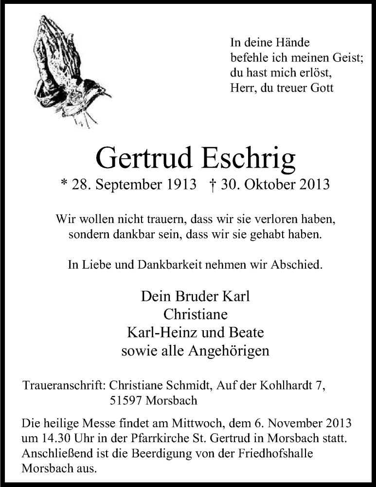  Traueranzeige für Gertrud Eschrig vom 02.11.2013 aus Kölner Stadt-Anzeiger / Kölnische Rundschau / Express