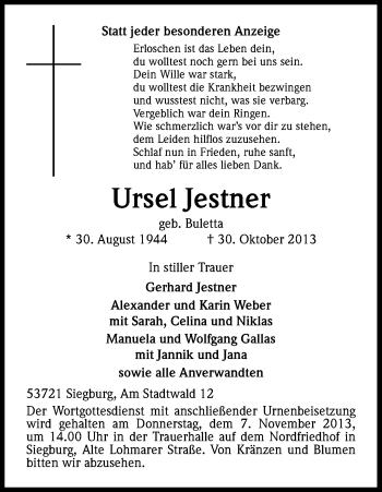 Anzeige von Ursel Jestner von Kölner Stadt-Anzeiger / Kölnische Rundschau / Express