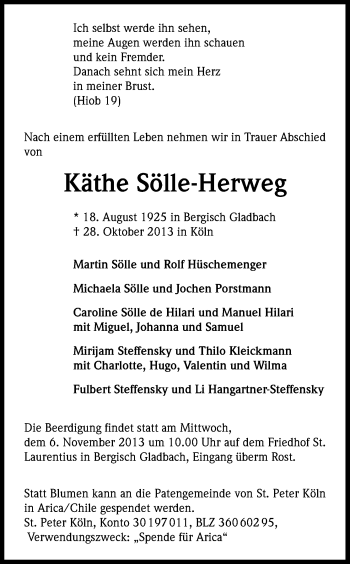 Anzeige von Käthe Sölle-Herweg von Kölner Stadt-Anzeiger / Kölnische Rundschau / Express