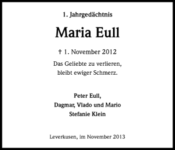 Anzeige von Maria Eull von Kölner Stadt-Anzeiger / Kölnische Rundschau / Express