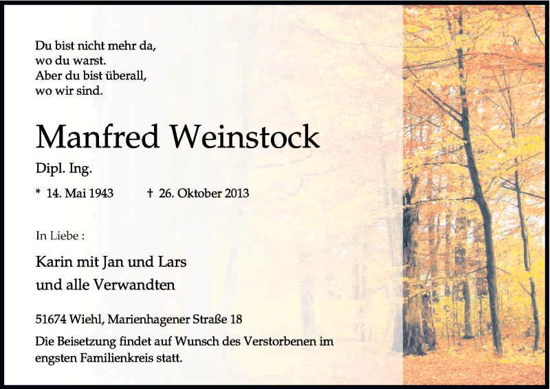  Traueranzeige für Manfred Weinstock vom 02.11.2013 aus Kölner Stadt-Anzeiger / Kölnische Rundschau / Express