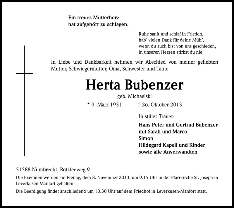  Traueranzeige für Herta Bubenzer vom 02.11.2013 aus Kölner Stadt-Anzeiger / Kölnische Rundschau / Express