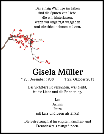 Anzeige von Gisela Müller von Kölner Stadt-Anzeiger / Kölnische Rundschau / Express