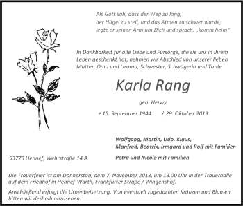 Anzeige von Karla Rang von Kölner Stadt-Anzeiger / Kölnische Rundschau / Express
