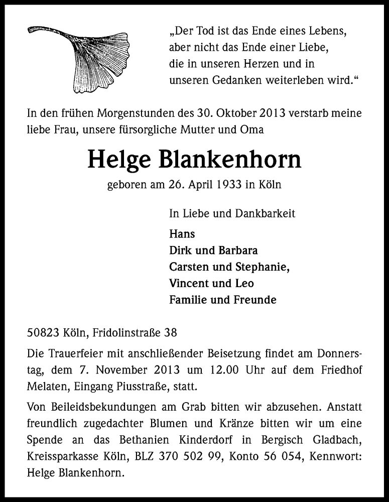  Traueranzeige für Helge Blankenhorn vom 02.11.2013 aus Kölner Stadt-Anzeiger / Kölnische Rundschau / Express