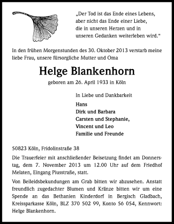 Anzeige von Helge Blankenhorn von Kölner Stadt-Anzeiger / Kölnische Rundschau / Express