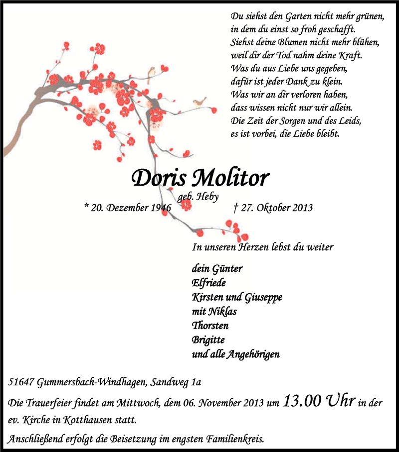  Traueranzeige für Doris Molitor vom 02.11.2013 aus Kölner Stadt-Anzeiger / Kölnische Rundschau / Express