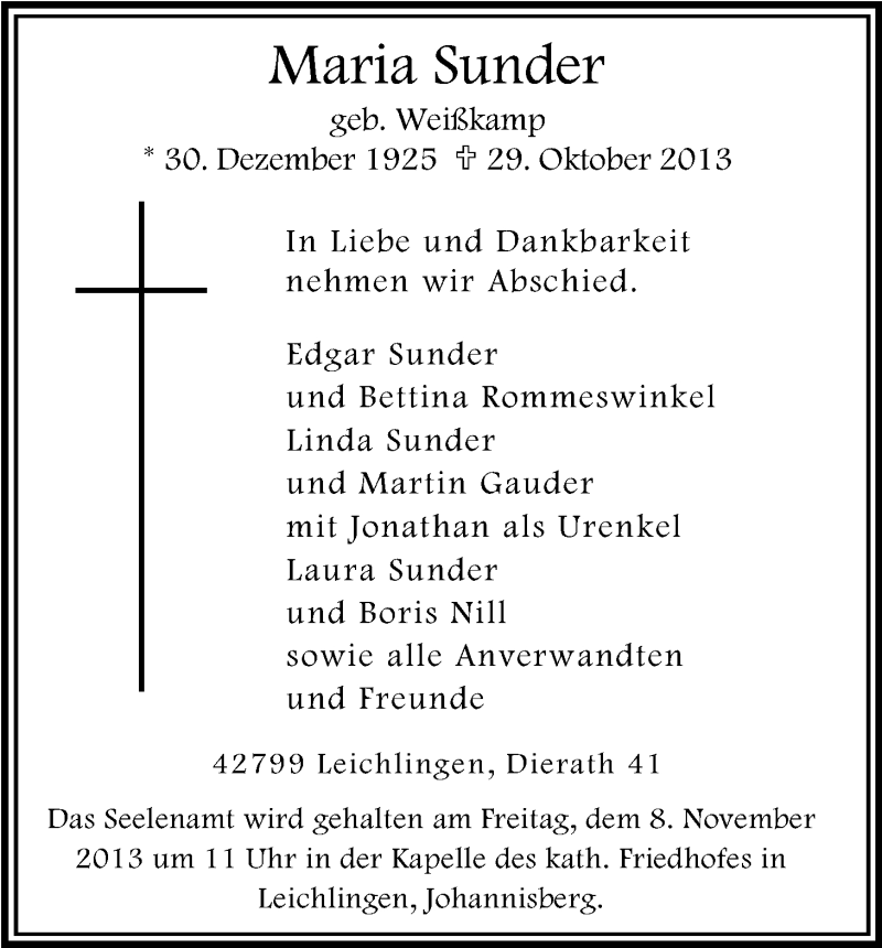  Traueranzeige für Maria Sunder vom 06.11.2013 aus Kölner Stadt-Anzeiger / Kölnische Rundschau / Express