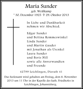 Anzeige von Maria Sunder von Kölner Stadt-Anzeiger / Kölnische Rundschau / Express