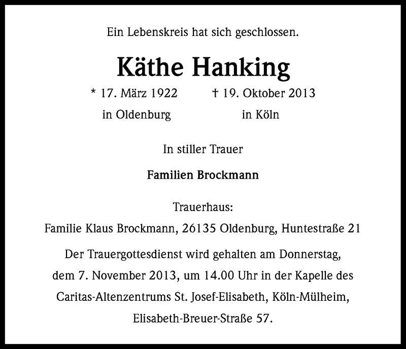  Traueranzeige für Käthe Hanking vom 04.11.2013 aus Kölner Stadt-Anzeiger / Kölnische Rundschau / Express