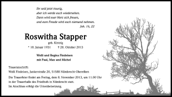 Anzeige von Roswitha Stapper von Kölner Stadt-Anzeiger / Kölnische Rundschau / Express