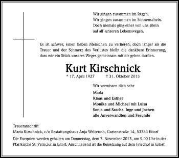 Anzeige von Kurt Kirschnik von Kölner Stadt-Anzeiger / Kölnische Rundschau / Express