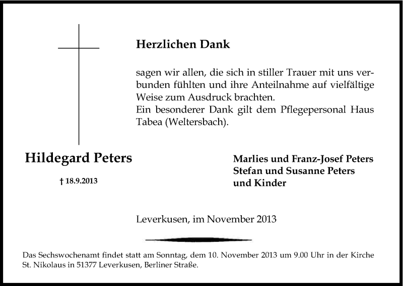  Traueranzeige für Hildegard Peters vom 06.11.2013 aus Kölner Stadt-Anzeiger / Kölnische Rundschau / Express