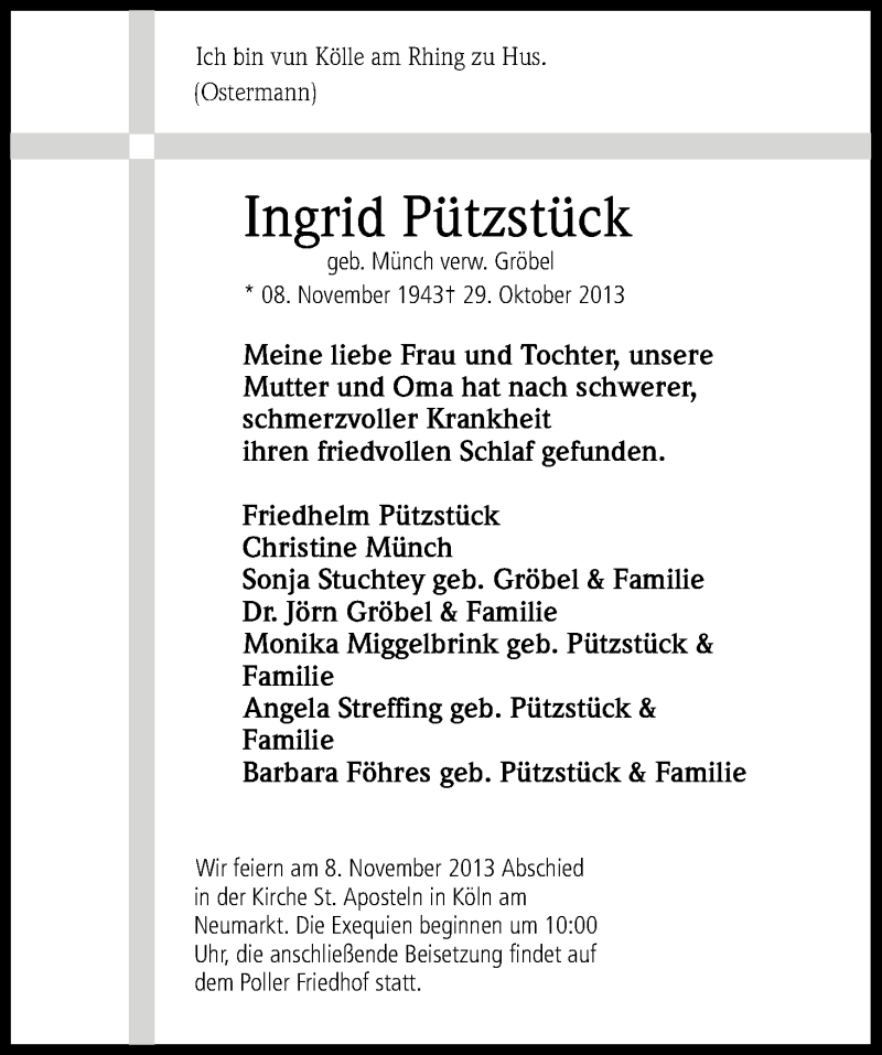  Traueranzeige für Ingrid Pützstück vom 02.11.2013 aus Kölner Stadt-Anzeiger / Kölnische Rundschau / Express