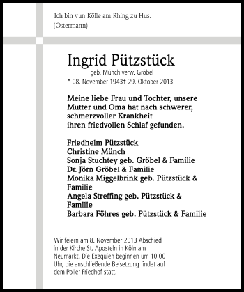 Anzeige von Ingrid Pützstück von Kölner Stadt-Anzeiger / Kölnische Rundschau / Express