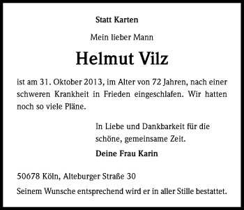 Anzeige von Helmut Vilz von Kölner Stadt-Anzeiger / Kölnische Rundschau / Express
