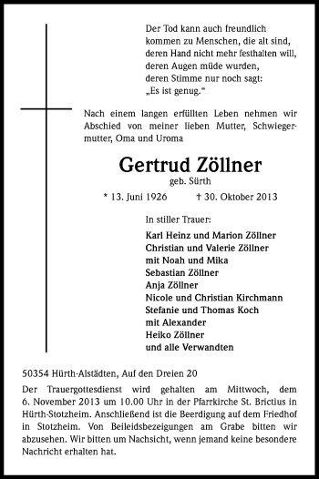 Anzeige von Gertrud Zöllner von Kölner Stadt-Anzeiger / Kölnische Rundschau / Express
