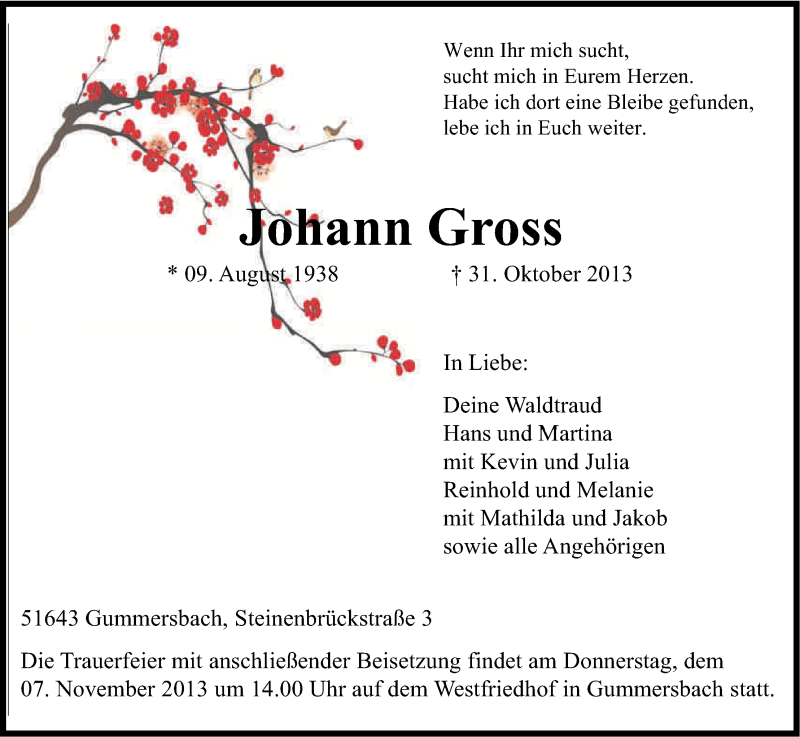  Traueranzeige für Johann Gross vom 04.11.2013 aus Kölner Stadt-Anzeiger / Kölnische Rundschau / Express