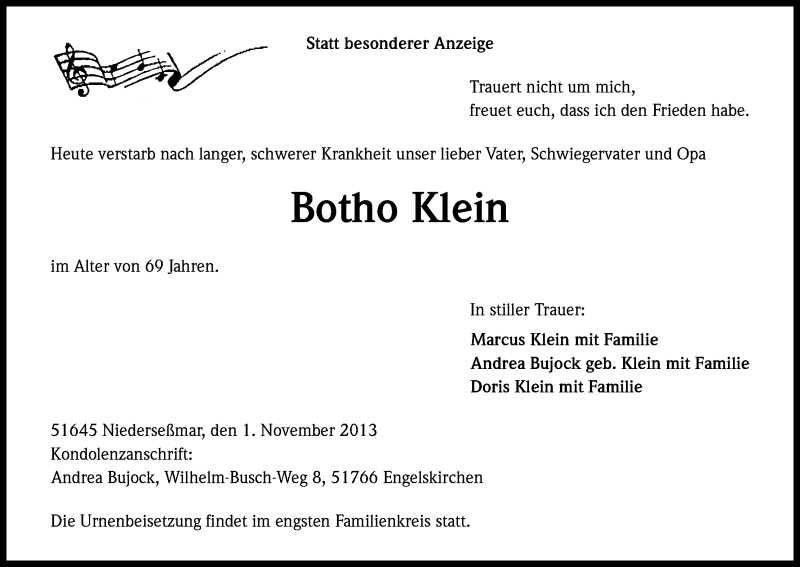  Traueranzeige für Botho Klein vom 04.11.2013 aus Kölner Stadt-Anzeiger / Kölnische Rundschau / Express