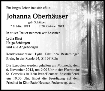 Anzeige von Johanna Oberhäuser von Kölner Stadt-Anzeiger / Kölnische Rundschau / Express