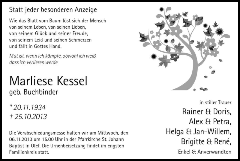  Traueranzeige für Marliese Kessel vom 04.11.2013 aus Kölner Stadt-Anzeiger / Kölnische Rundschau / Express