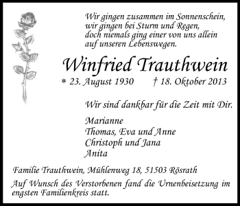 Anzeige von Winfried Trauthwein von Kölner Stadt-Anzeiger / Kölnische Rundschau / Express