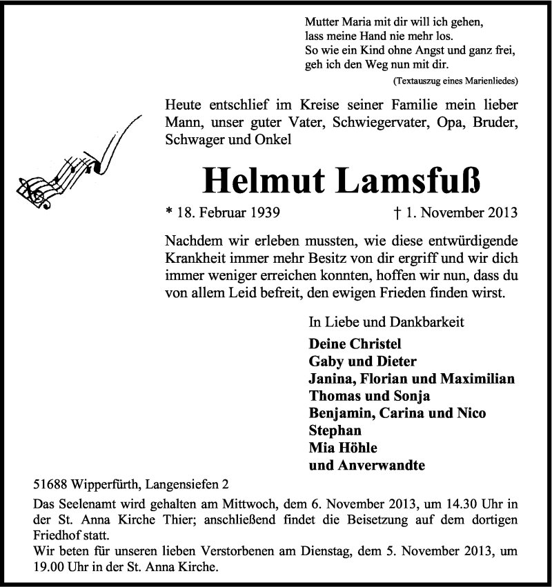  Traueranzeige für Helmut Lamsfuß vom 04.11.2013 aus Kölner Stadt-Anzeiger / Kölnische Rundschau / Express