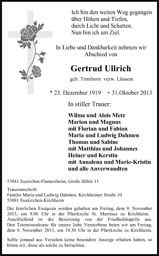  Traueranzeige für Gertrud Ullrich vom 04.11.2013 aus Kölner Stadt-Anzeiger / Kölnische Rundschau / Express