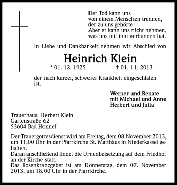 Anzeige von Heinrich Klein von Kölner Stadt-Anzeiger / Kölnische Rundschau / Express