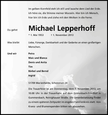 Anzeige von Michael Lepperhoff von Kölner Stadt-Anzeiger / Kölnische Rundschau / Express