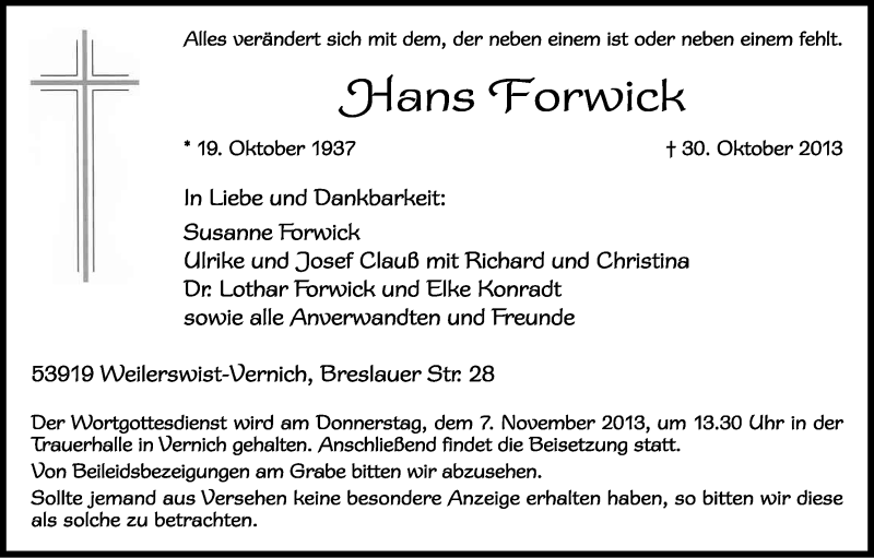  Traueranzeige für Hans Forwick vom 05.11.2013 aus Kölner Stadt-Anzeiger / Kölnische Rundschau / Express